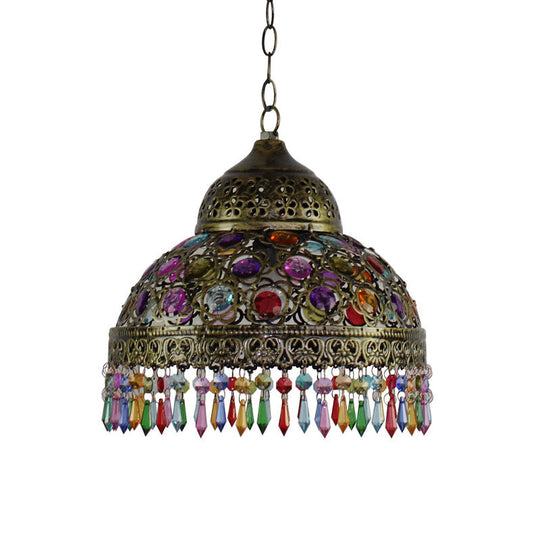 Bohemia Dome Pendant Light - Rustic Aged Brass With Crystal Bead Accent Ideal For Restaurants