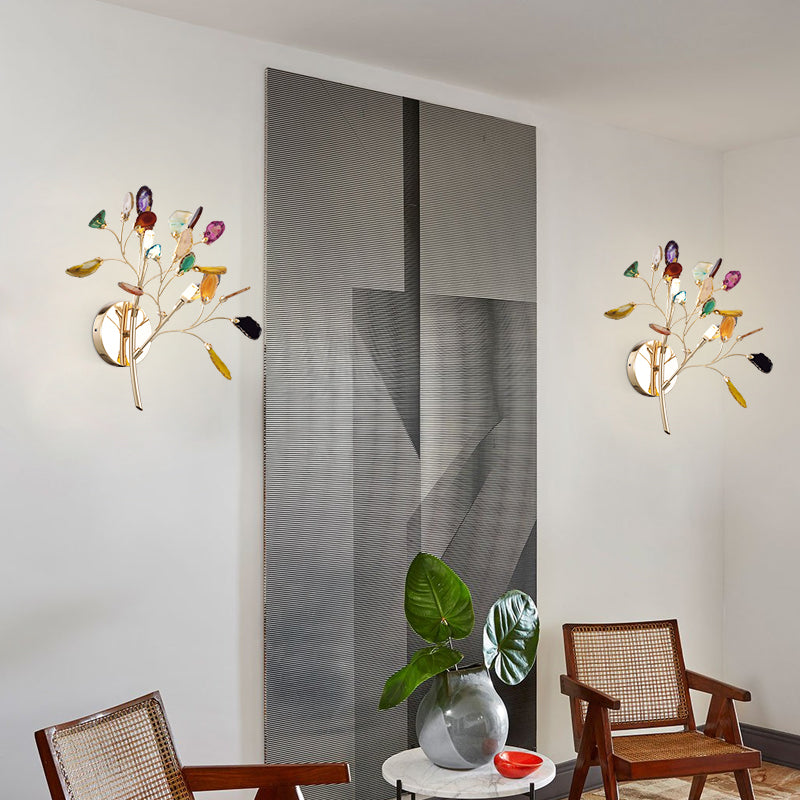 Gold Metallic Branch Sconce Light With Colored Crystal Deco - 2 Lodge Style Wall Lights