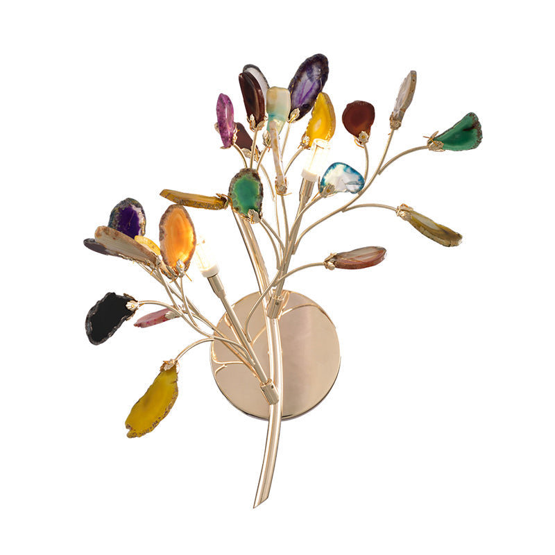 Gold Metallic Branch Sconce Light With Colored Crystal Deco - 2 Lodge Style Wall Lights