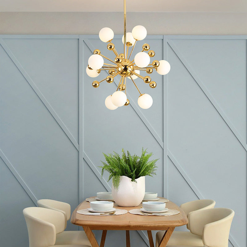 Gold Starburst Chandelier With White Glass Ball Shades - Designer Multi-Light Pendant Lamp Various