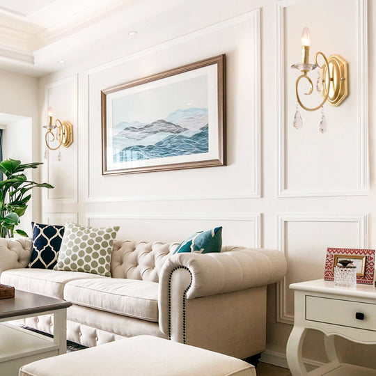 Modern Metal Wall Lamp - Elegant 1-Light Candle Sconce With Clear Crystal Deco In Gold For Corridor