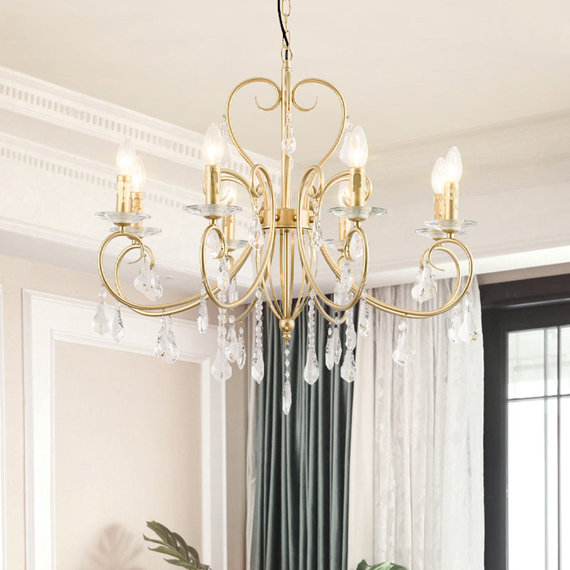 Lampe à bougie suspendue de style moderne avec accent de cristal, lustre 3/6 lumières en or