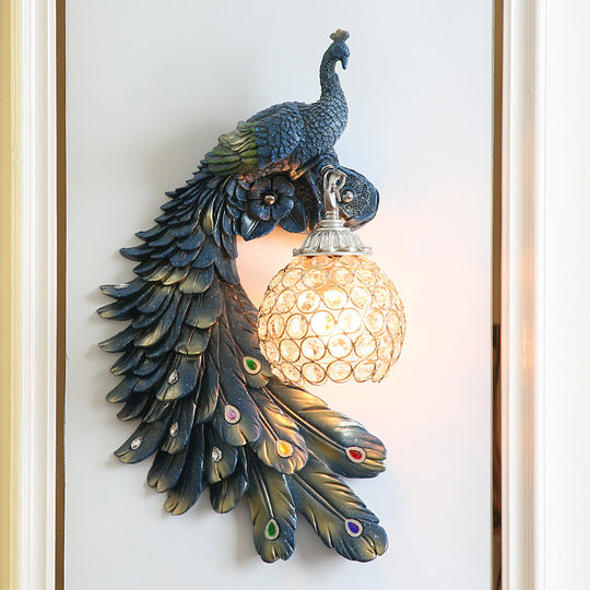 Peacock Blue Lodge Resin Wall Sconce Lighting With Clear Crystal Dome Shade - 1 Light Bedside