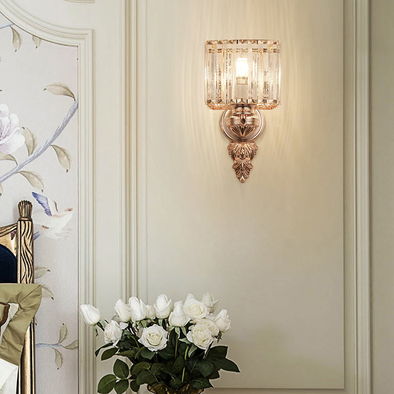 Contemporary Square Wall Sconce: Clear Crystal & Metal Carved Backplate Rose Gold