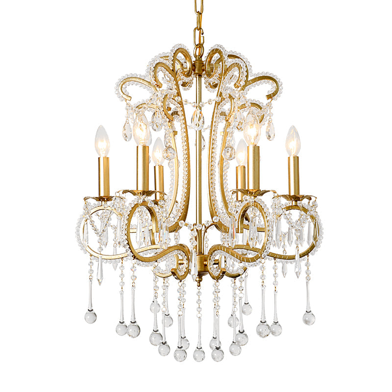 Suspension Vintage à 6 Lumières en Cristal et Métal pour Chambre à Coucher avec Fini Doré
