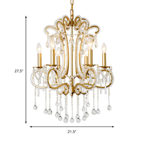 Vintage Gold Finish Crystal & Metal Pendant Light - 6-Light Suspension For Bedroom