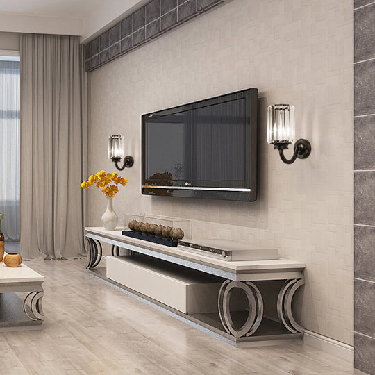 Modern Clear Crystal Drum Wall Lamp With Metal Curved Arm - Black Sconce Light Fixture