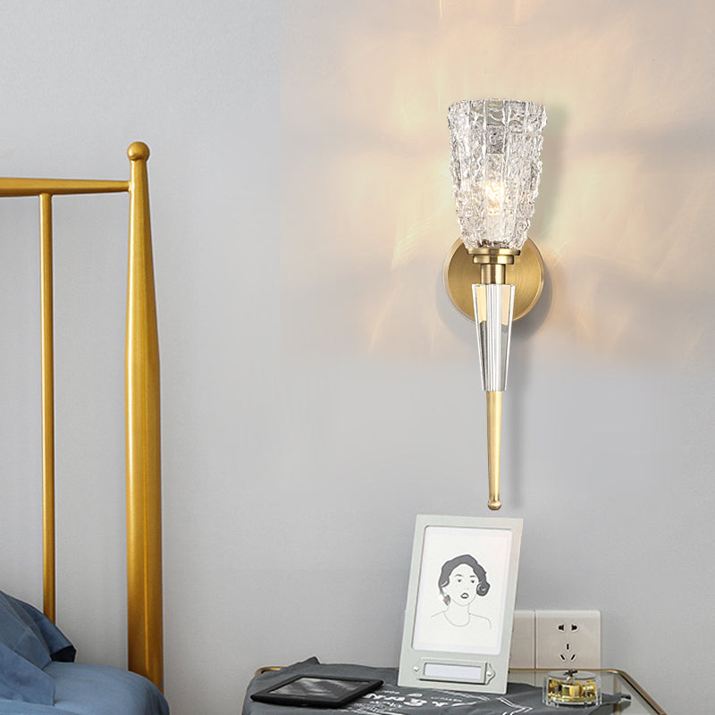 Contemporary Clear Crystal Wall Lamp With Gold Cylinder/Tapered Shade - 1 Light Sconce Fixture /