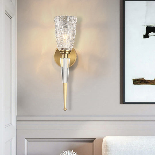 Contemporary Clear Crystal Wall Lamp With Gold Cylinder/Tapered Shade - 1 Light Sconce Fixture