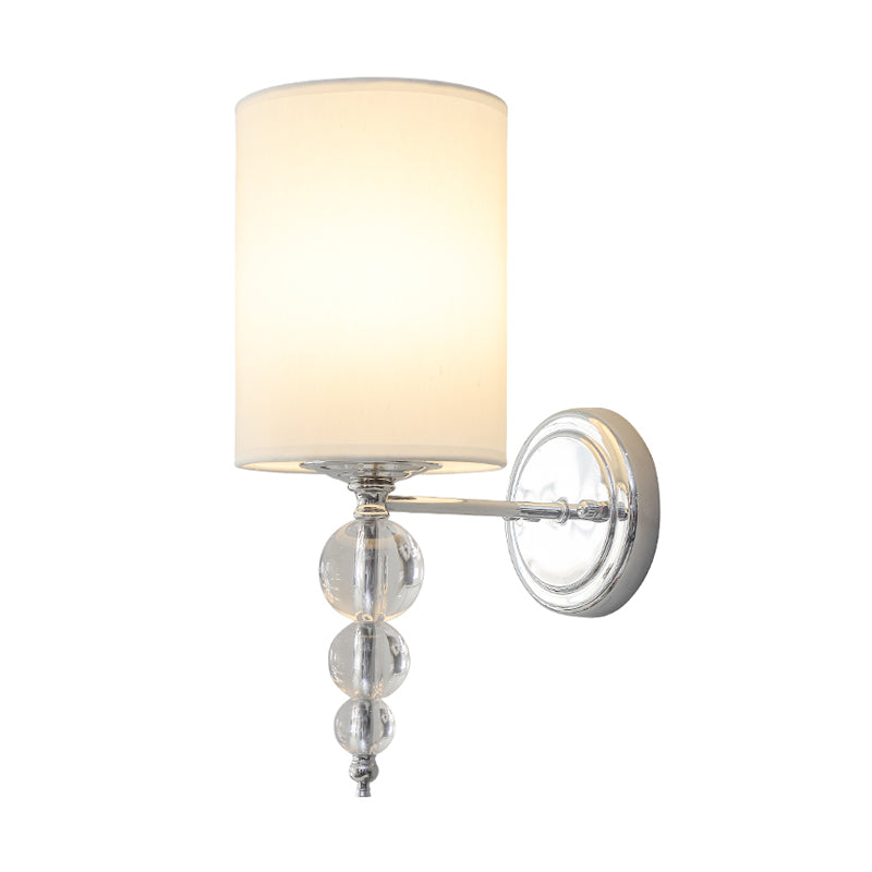 Modern Fabric And Metal Wall Lamp With Clear Crystal Ball Deco In Chrome - 1 Head Cylinder Shade