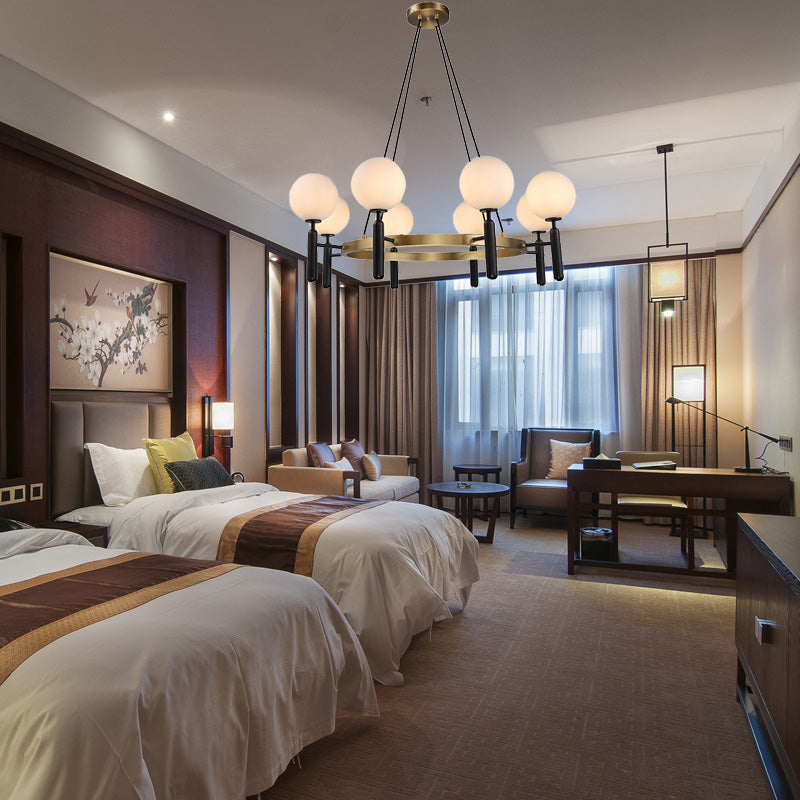 Modern White Glass Sphere Chandelier - Circular Design 8 Lights Black Hanging Fixture