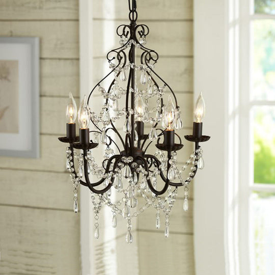 Industrial Crystal Chandelier Light: 5-Bulb Pendant Lamp With Flameless Candle Black Finish
