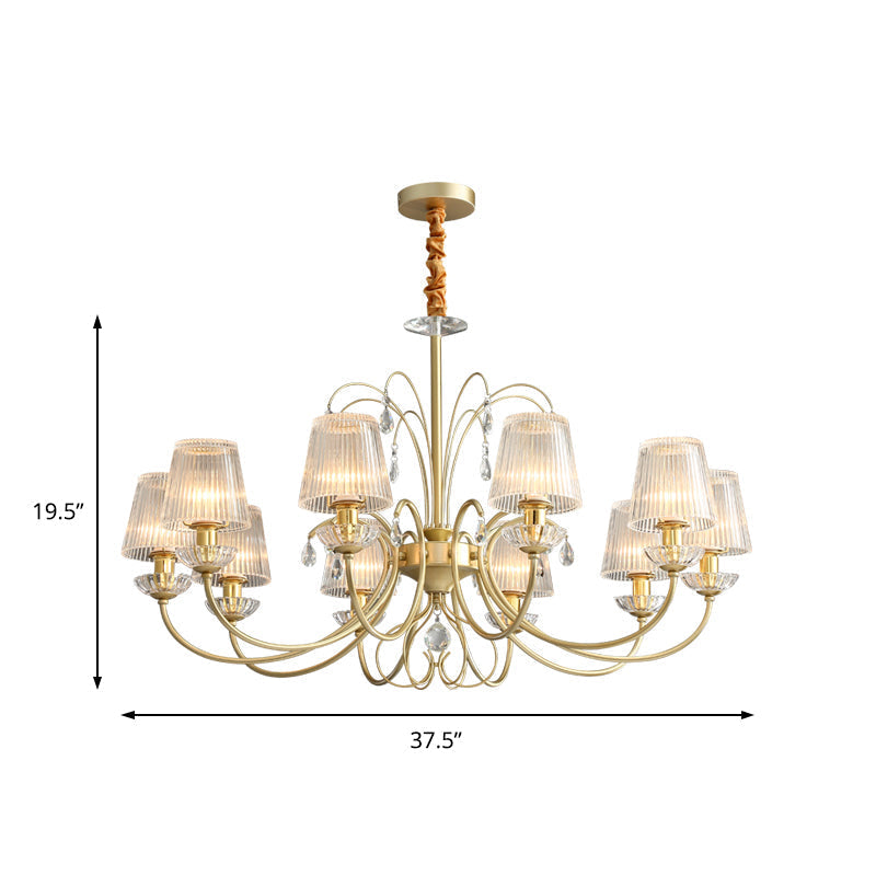 Modern Gold Ribbed Glass Cone Chandelier With 6/8/10 Lights - Elegant Hanging Ceiling Light For