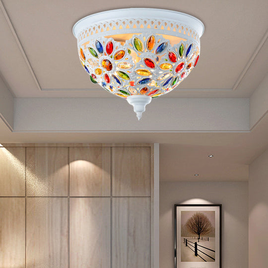 Modernist Bowl Flush Mount Ceiling Light With Crystal Gem Detail - 2 - Light Metal Fixture In