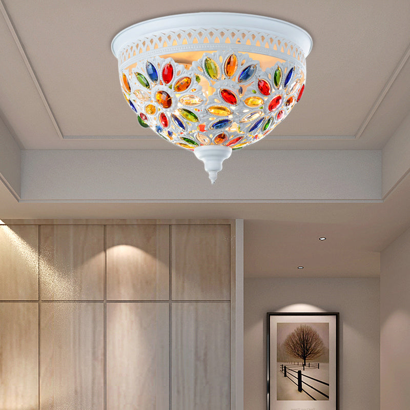 Modernist Bowl Flush Mount Ceiling Light With Crystal Gem Detail - 2-Light Metal Fixture In