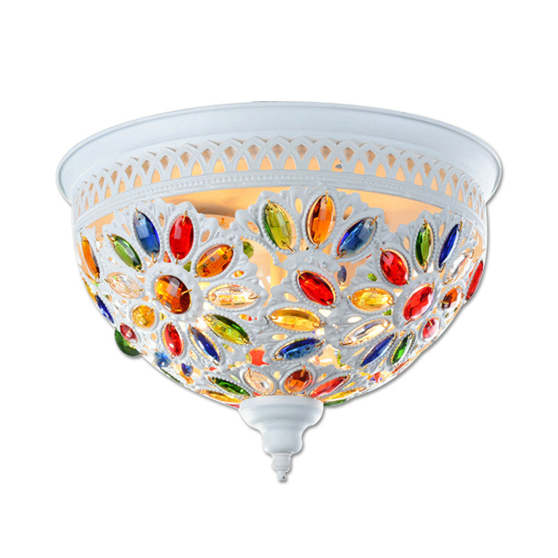 Modernist Bowl Flush Mount Ceiling Light With Crystal Gem Detail - 2 - Light Metal Fixture In