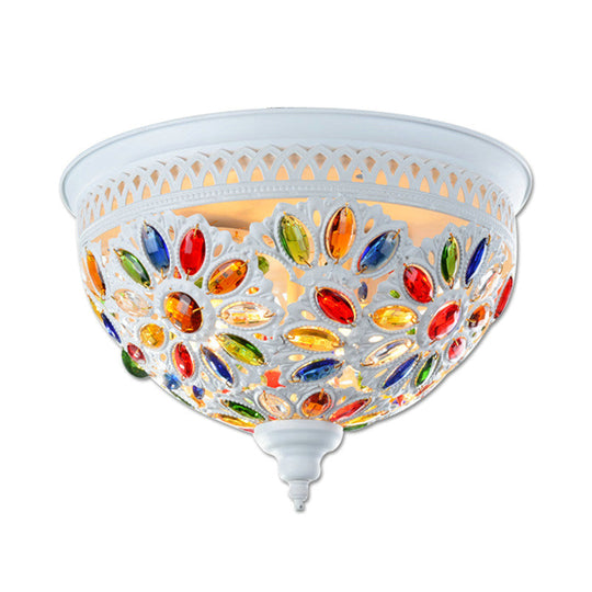 Modernist Bowl Flush Mount Ceiling Light With Crystal Gem Detail - 2-Light Metal Fixture In
