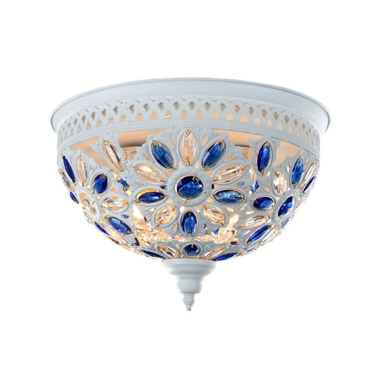 Modernist Bowl Flush Mount Ceiling Light With Crystal Gem Detail - 2-Light Metal Fixture In