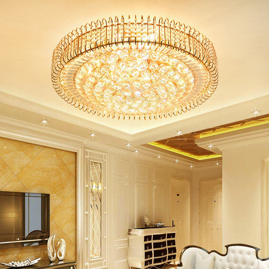 Vintage Gold Flush Ceiling Light With Clear Crystal Ball And Metallic Finish - 12’/18’ Diameter