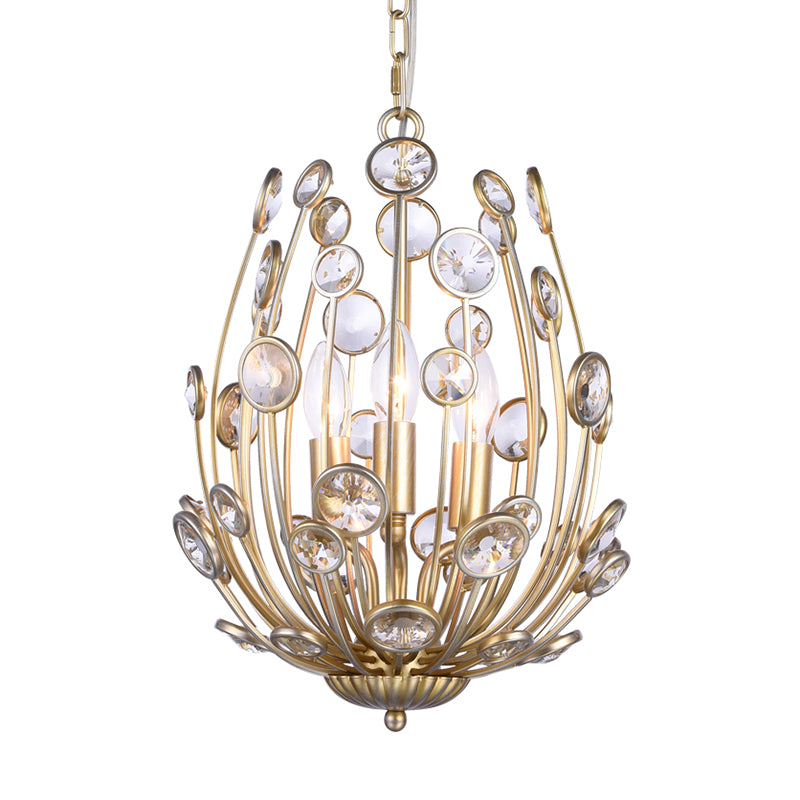 Modern 3-Light Floral Chandelier In Gold - Metal And Crystal Hanging Light Fixture For Dining Room
