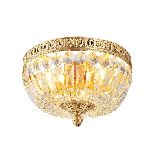 Vintage Golden Bowl Metal Ceiling Light With Clear Crystal Deco - 3 Lights Flush Mount