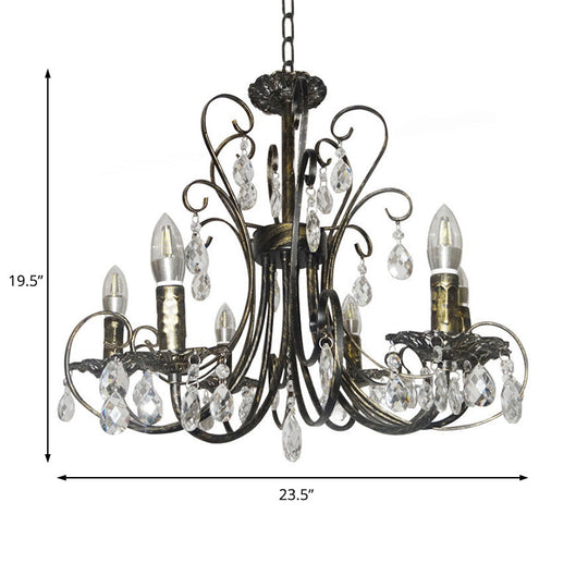 Rustic Candle Chandelier: Wrought Iron 6-Light Suspension Lamp With Crystal Accent - Brass Finish
