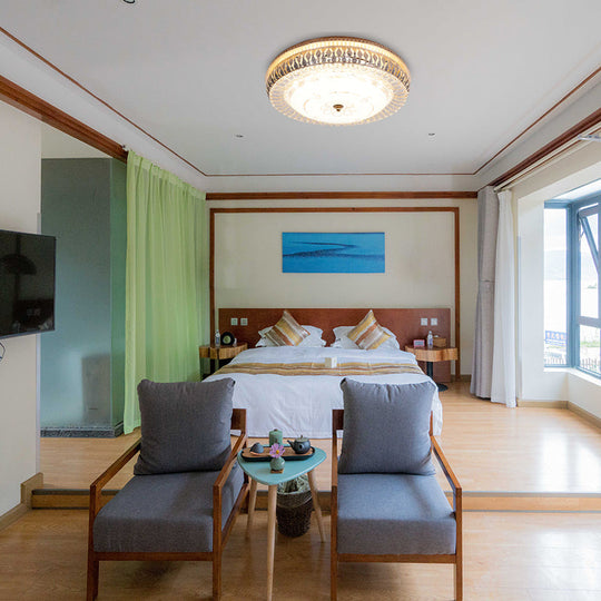 Vintage Brass Led Ceiling Light Fixture With Crystal Flush Mount Lamp And White Glass Shade -