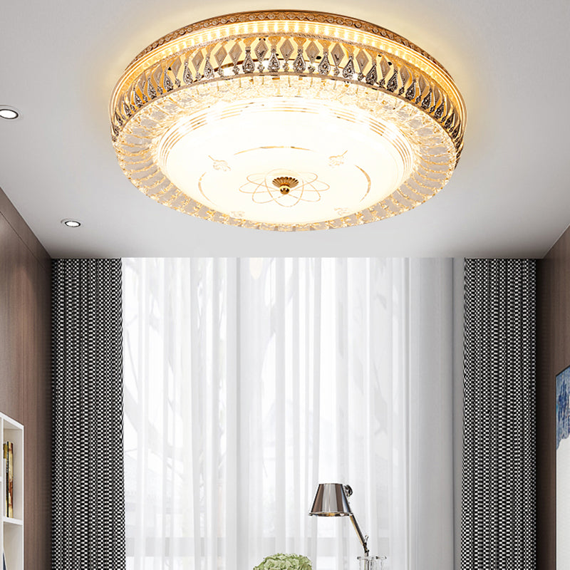 Vintage Brass Led Ceiling Light Fixture With Crystal Flush Mount Lamp And White Glass Shade -