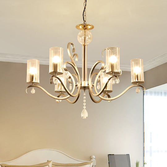 Vintage-Style Cylindrical Chandelier Light With Clear Glass - 6/8 Lights & Crystal Drop Champagne