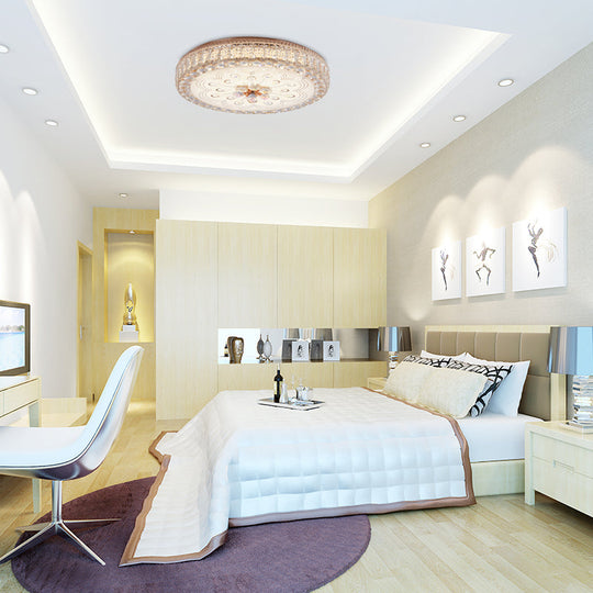 Gold Metal And Crystal Led Flushed Ceiling Light With Peacock/Floral Pattern - 16/19.5 Wide / 16