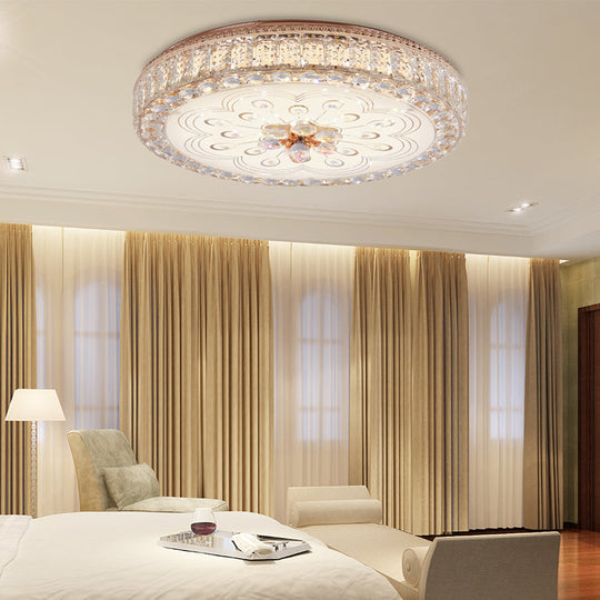 Gold Metal And Crystal Led Flushed Ceiling Light With Peacock/Floral Pattern - 16’/19.5’ Wide