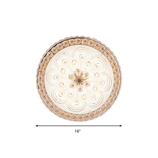 Gold Metal And Crystal Led Flushed Ceiling Light With Peacock/Floral Pattern - 16’/19.5’ Wide