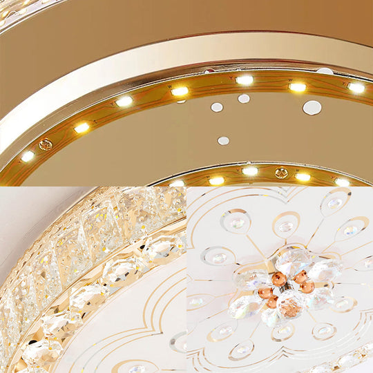 Gold Metal And Crystal Led Flushed Ceiling Light With Peacock/Floral Pattern - 16/19.5 Wide