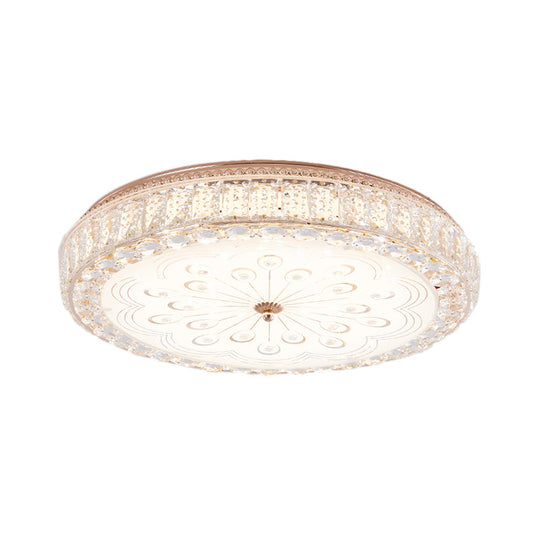 Gold Metal And Crystal Led Flushed Ceiling Light With Peacock/Floral Pattern - 16’/19.5’ Wide