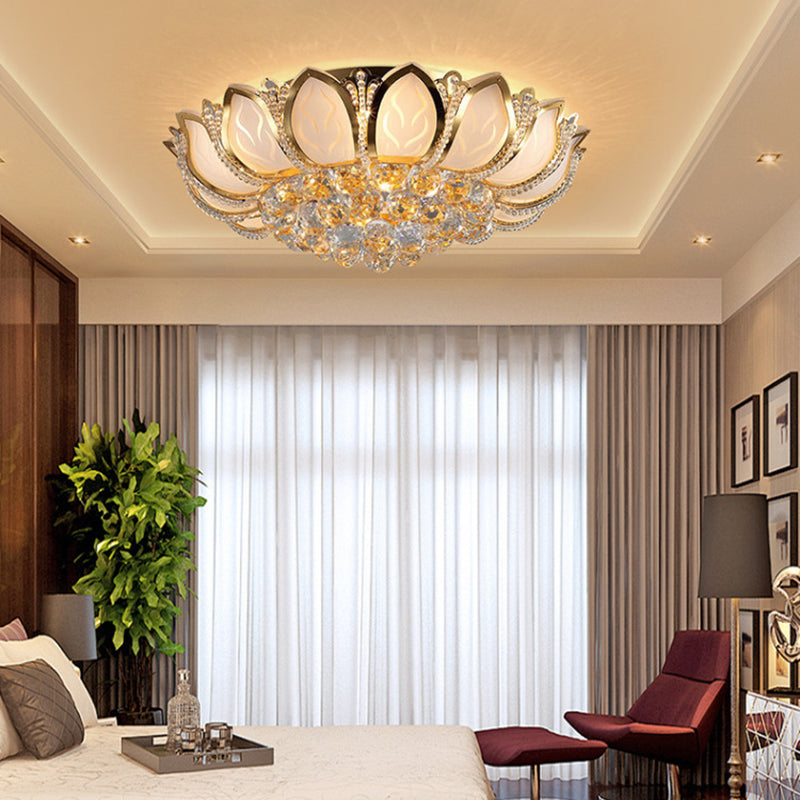 Vintage Petal Flushed Gold Ceiling Light With Frosted Glass & Clear Crystal Ball Décor - 18’/19.5’ W