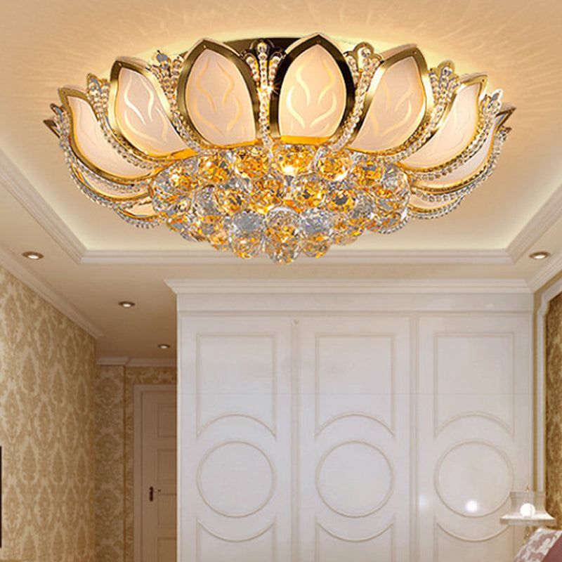 Vintage Petal Flushed Gold Ceiling Light With Frosted Glass & Clear Crystal Ball Décor - 18/19.5 W