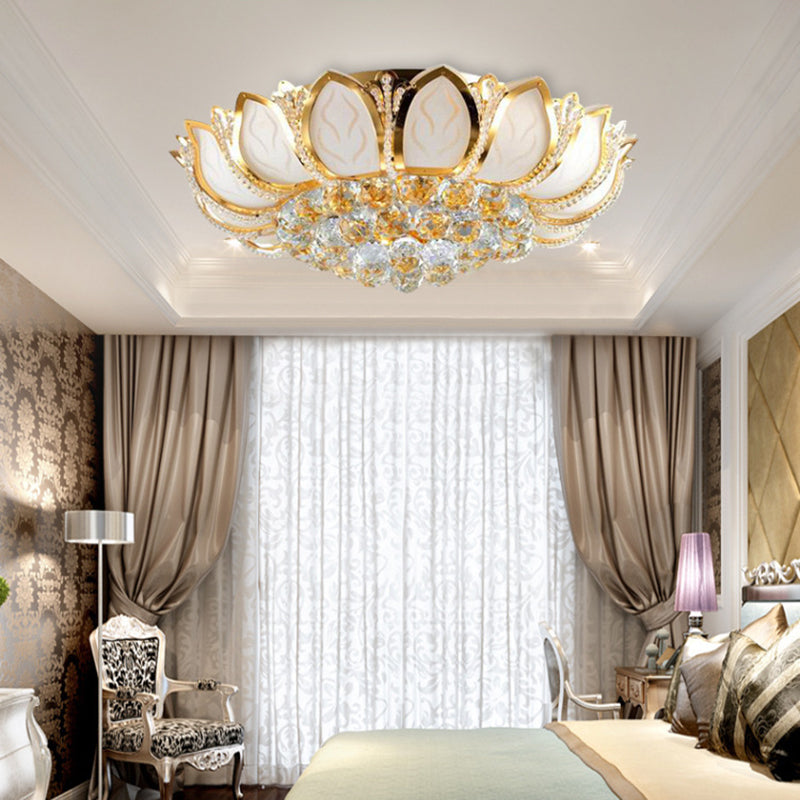 Vintage Petal Flushed Gold Ceiling Light With Frosted Glass & Clear Crystal Ball Décor - 18/19.5 W