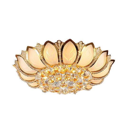 Vintage Petal Flushed Gold Ceiling Light With Frosted Glass & Clear Crystal Ball Décor - 18’/19.5’ W