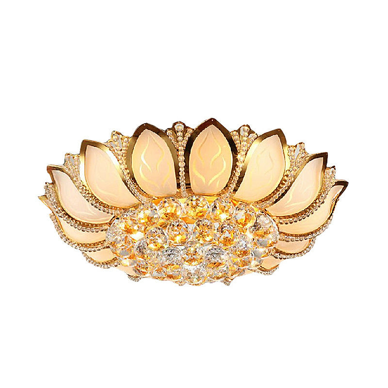 Vintage Petal Flushed Gold Ceiling Light With Frosted Glass & Clear Crystal Ball Décor - 18/19.5 W