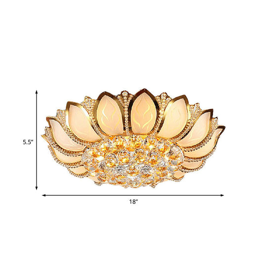 Vintage Petal Flushed Gold Ceiling Light With Frosted Glass & Clear Crystal Ball Décor - 18’/19.5’ W