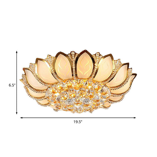Vintage Petal Flushed Gold Ceiling Light With Frosted Glass & Clear Crystal Ball Décor - 18’/19.5’ W