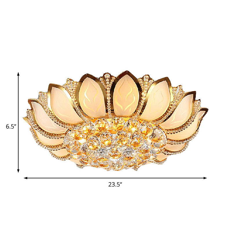 Vintage Petal Flushed Gold Ceiling Light With Frosted Glass & Clear Crystal Ball Décor - 18’/19.5’ W