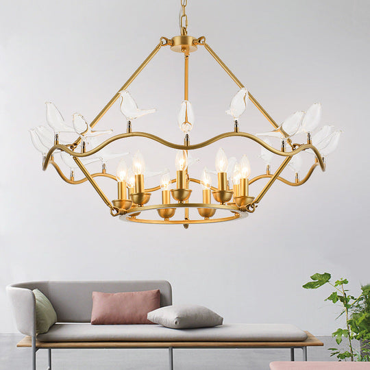 Modern Iron Candle Chandelier Ceiling Fixture In Gold With Clear Glass Birds - 6/9-Head For Living