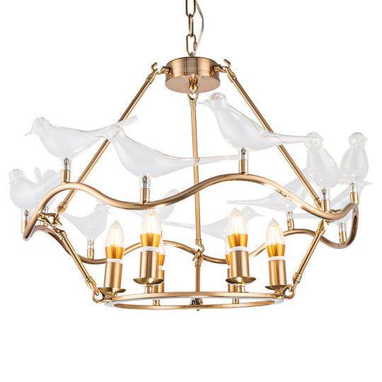 Modern Iron Candle Chandelier Ceiling Fixture In Gold With Clear Glass Birds - 6/9-Head For Living