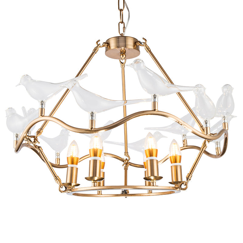 Postmodern Iron Candle Chandelier With Clear Glass Birds - 6/9-Head Gold Ceiling Fixture For Living