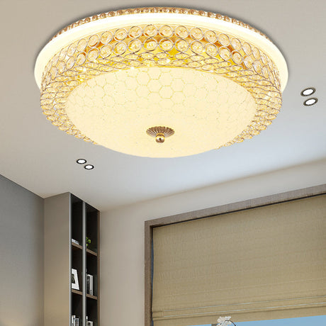 Modern Led Flush Mount Ceiling Light Clear Crystal Round Lamp With Frosted Glass Diffuser In Gold