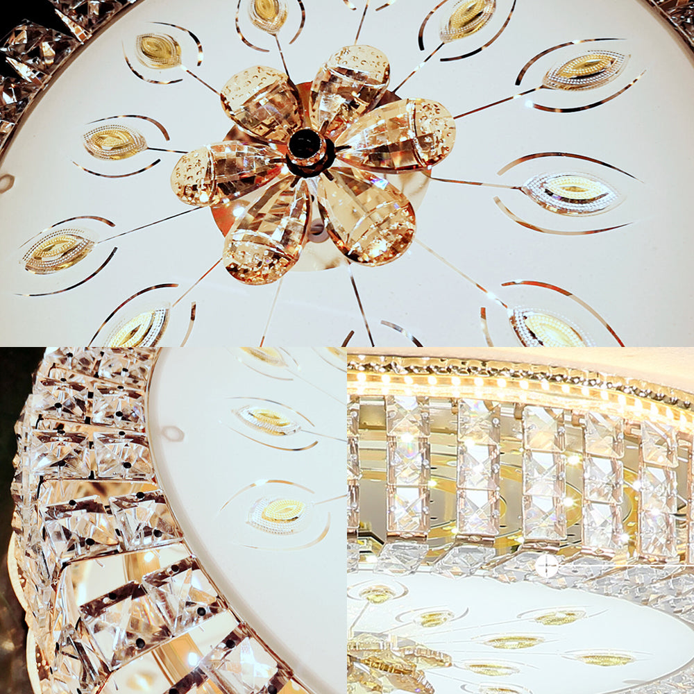 Led Crystal Flush Mount Fixture With Gold Finish For Modern Bedroom
