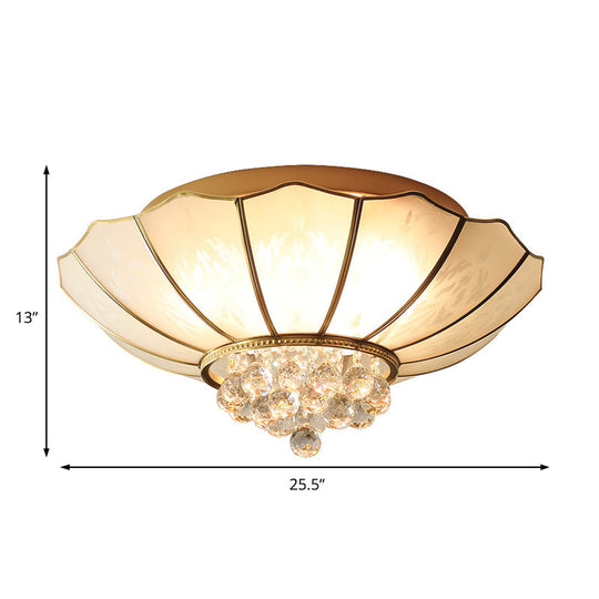 10’/13’ W Scalloped Flush Lamp Vintage White Glass Ceiling Light With Crystal Ball Deco -