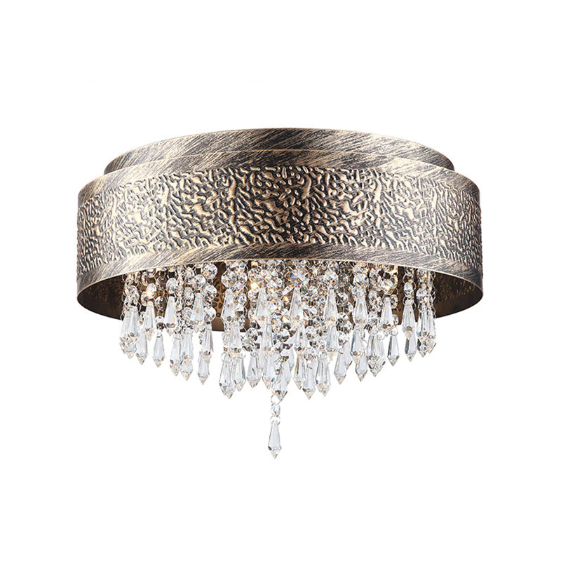 Antique Style Bronze Drum Flush Lamp With Crystal Accent 5/9 Light Iron Mount Ceiling - 16/19.5