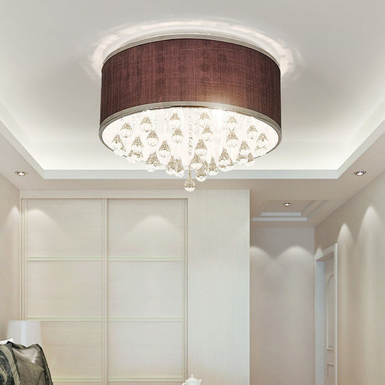 Contemporary Black Drum Flush Pendant Light With Clear Teardrop Crystal Accent - 6/8 Lights